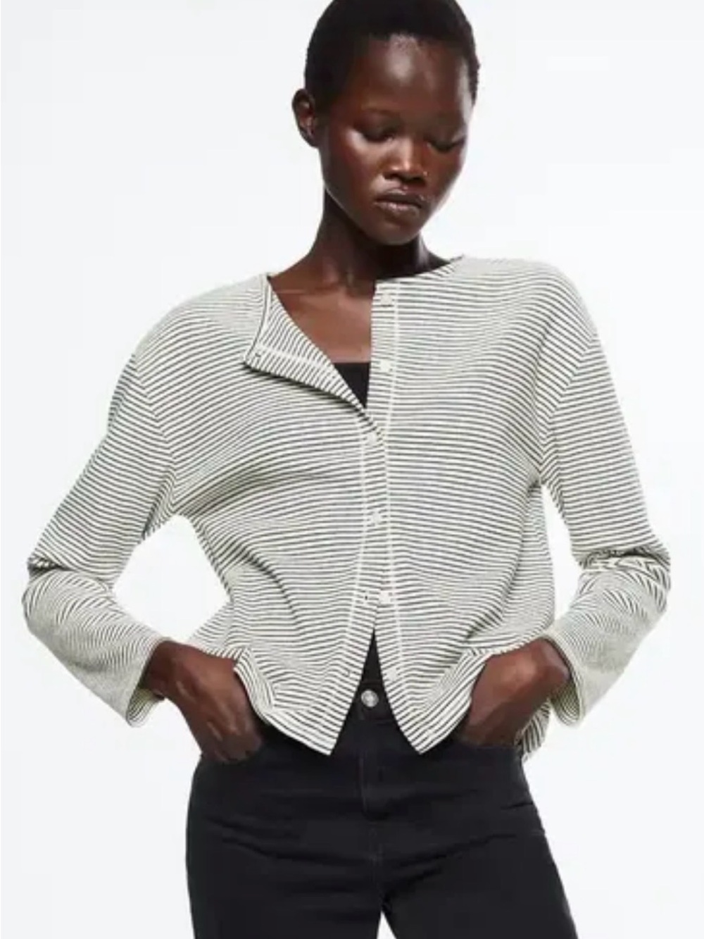 Mango Black and White Striped Relaxed Blazer
